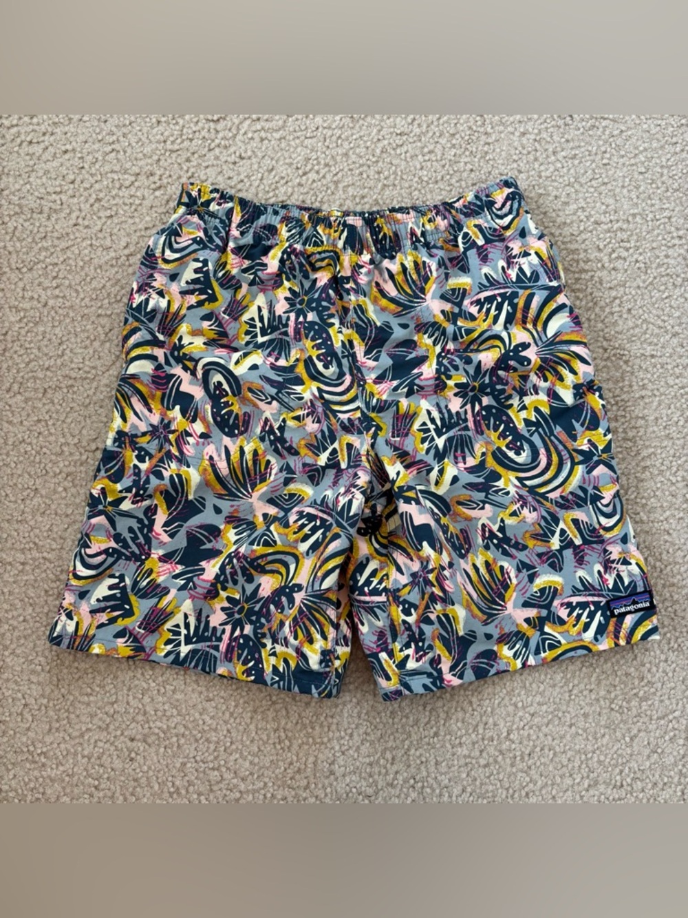 Patagonia Boys Patterned Swim Shorts in Navy, Yellow & Pink Size 14 NWT